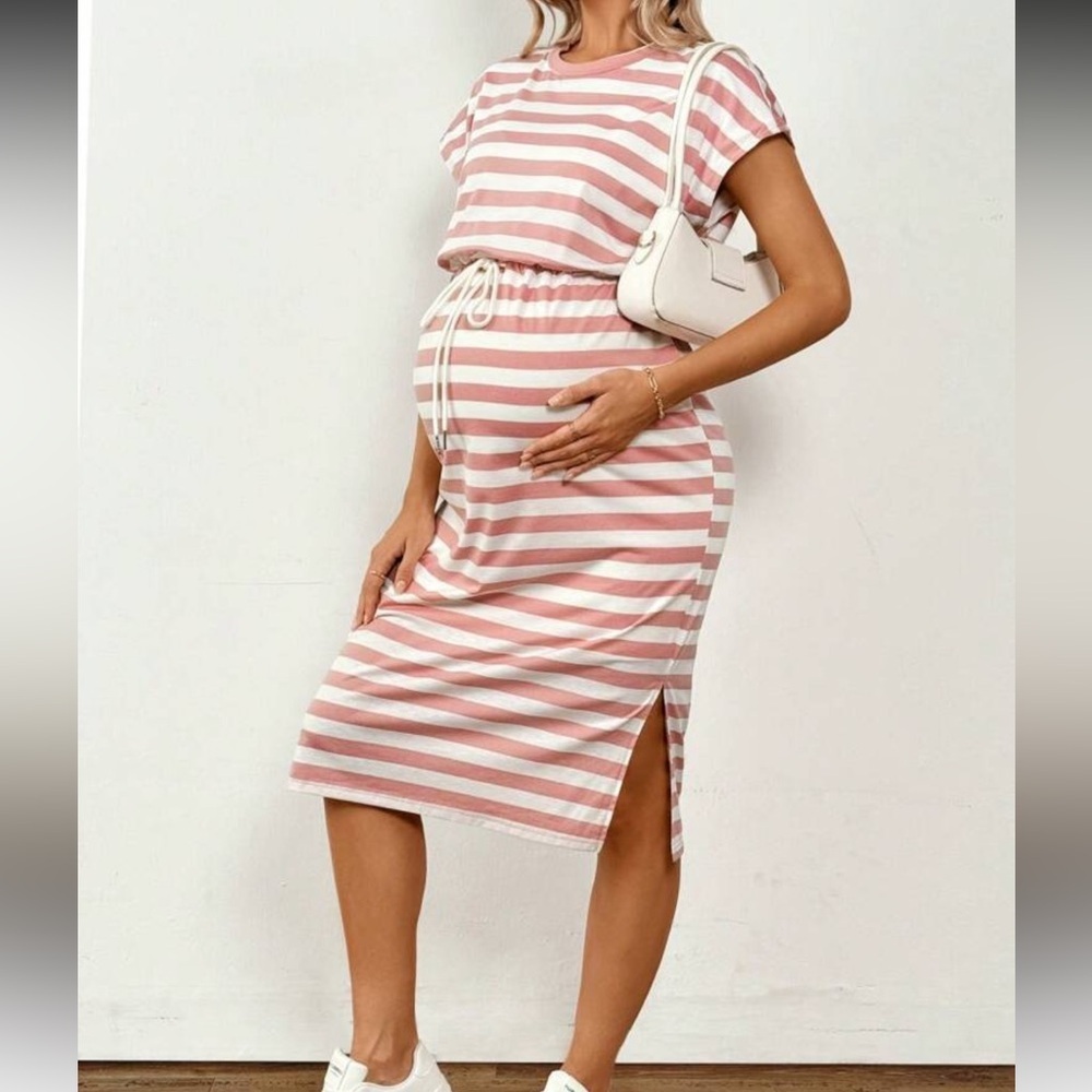 SHEIN Maternity Striped Drop Shoulder Drawstring Waist Split Midi Dress - Picture 5 of 5